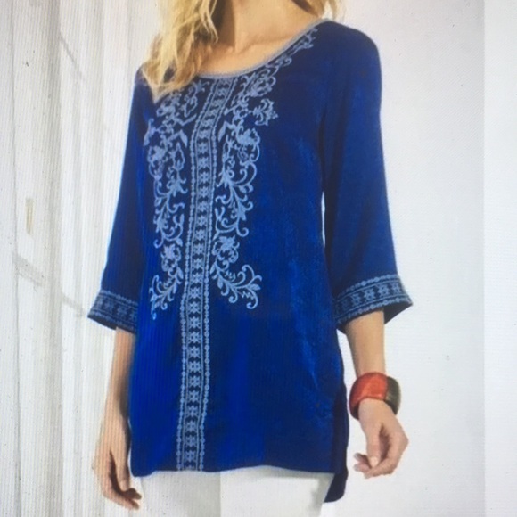 Soft Surroundings Safiya Royal Blue Embroidered Tunic Top size Large - Picture 3 of 16